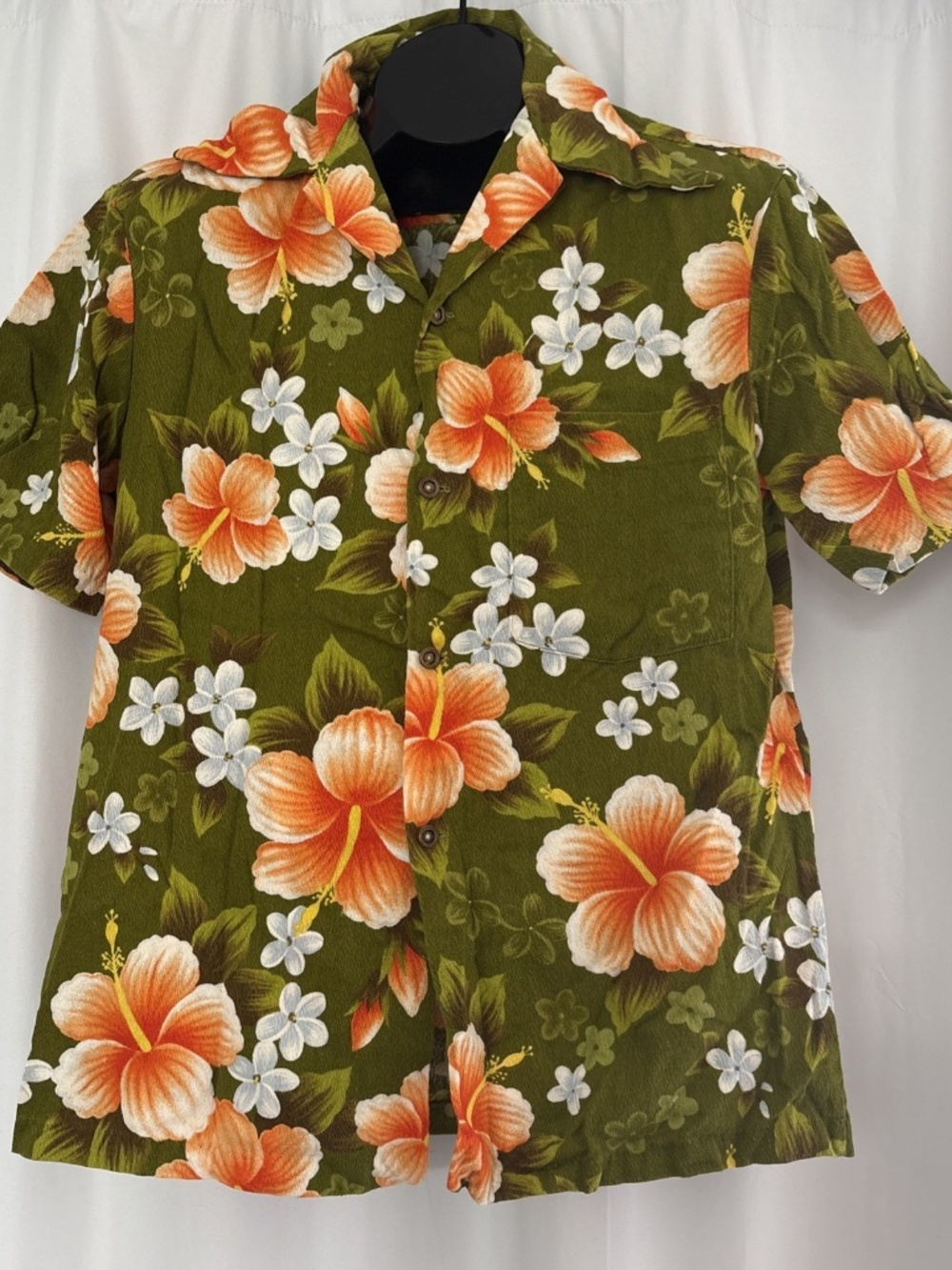 Vintage Men's UI-MAIKAI Green Floral Hawaiian Alohla Shirt Cotton USA Barkcloth